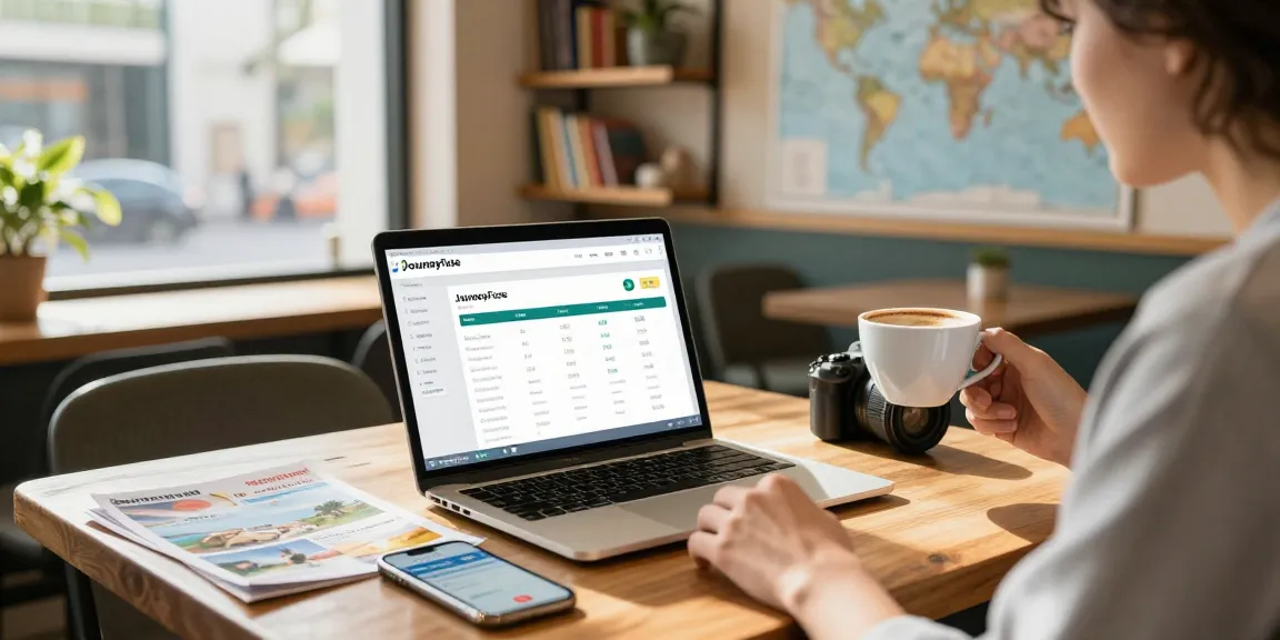 Traveljoy alternative benefits showcased through a traveler using JourneyFuse CRM in a café.