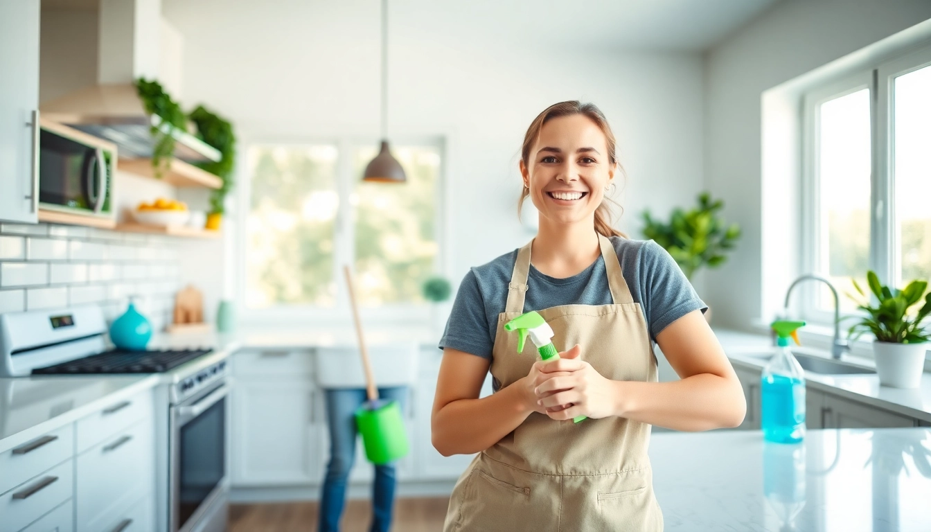 Experts in a cleaning service efficiently tidying a modern kitchen with eco-friendly supplies.