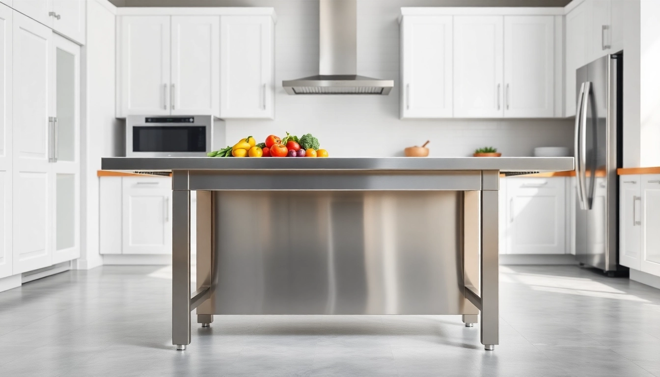 Prepare meals and cook on a durable stainless steel table with a polished surface in a bright kitchen.