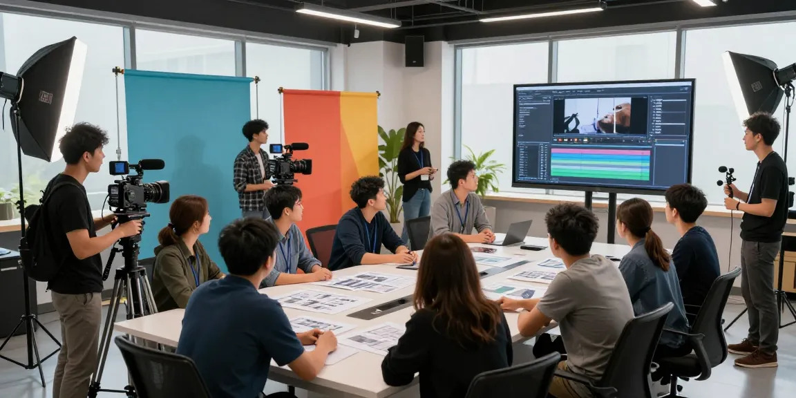Corporate Video Production team collaborating on film project in a vibrant studio