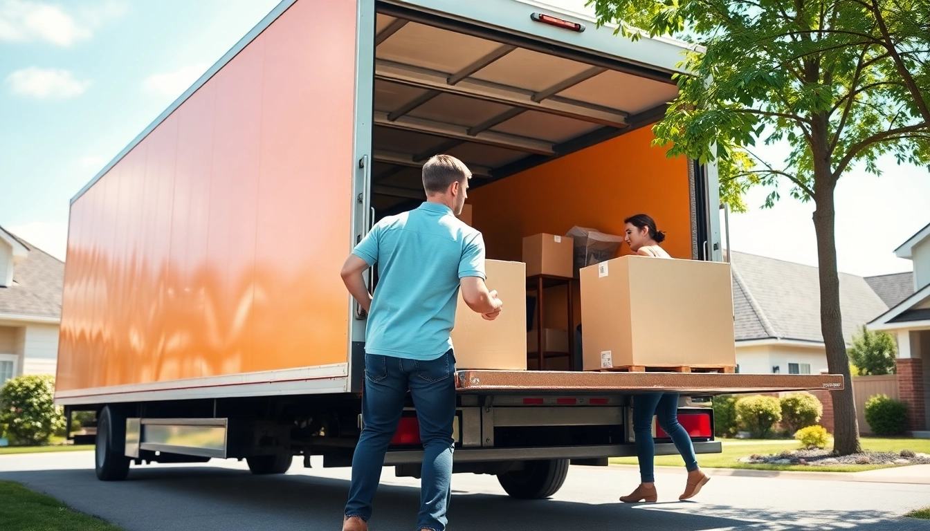 House removal companies team efficiently loading a truck in a suburban setting.
