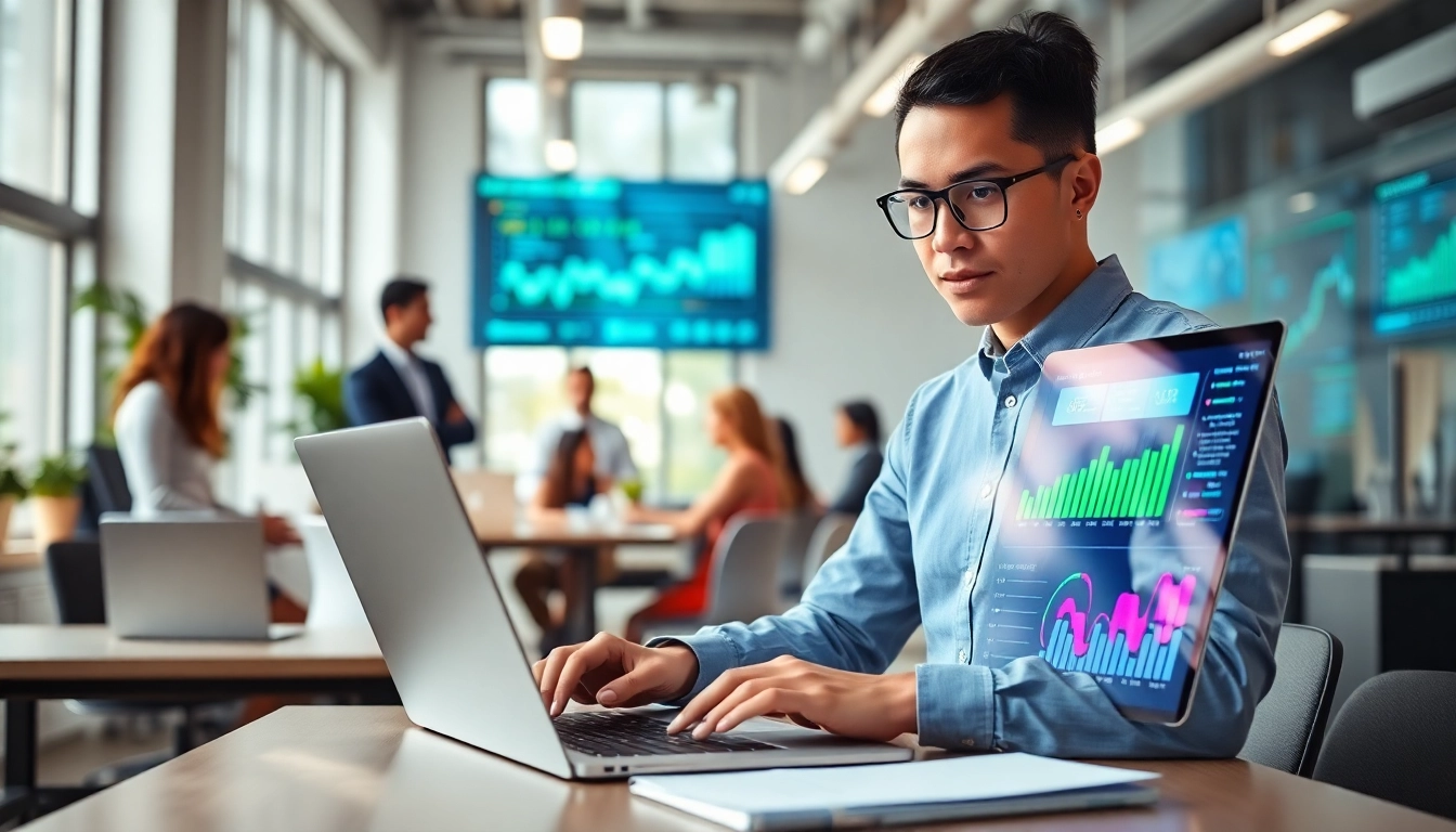 Engaging enterprise ai assistant aiding professionals in a modern office.