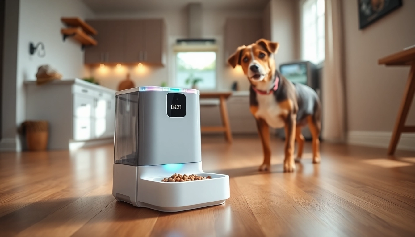 WOPET automatic pet feeder displayed in a cozy home environment with a playful dog.