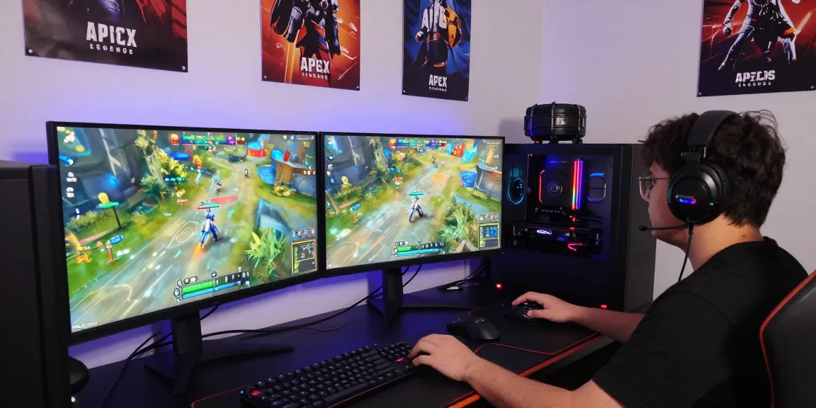 Apex Legends Undetected Cheats showcased in dynamic gaming setup with RGB lighting and multiple monitors displaying action.