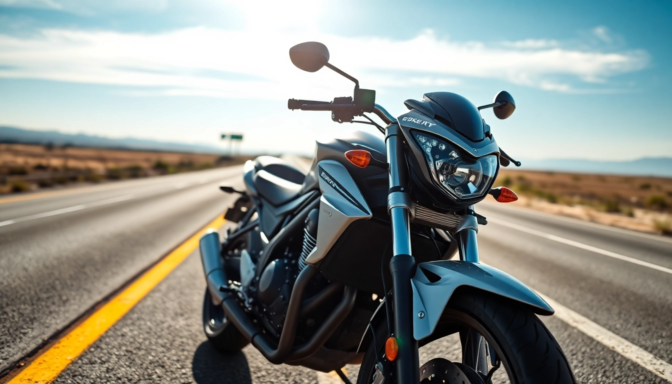 Explore a budget DOT approved motorcycle for sale against a scenic highway backdrop, showcasing its sleek design.