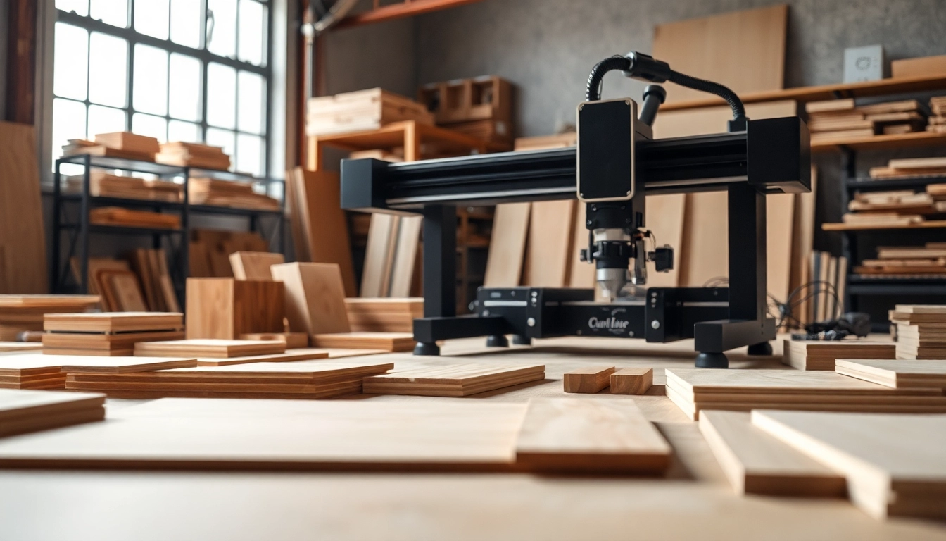 Custom laser design workspace showcasing tools and finished materials in bright natural light.