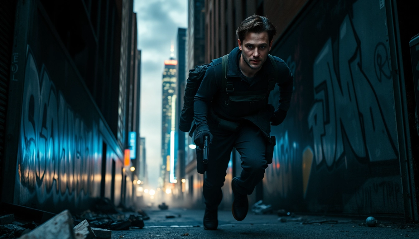 Action thriller scene showcasing a protagonist sprinting through an urban alley.