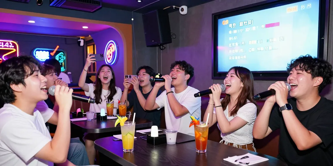 Exciting 제주도유흥 nightlife scene in a vibrant karaoke bar with friends enjoying music and drinks.