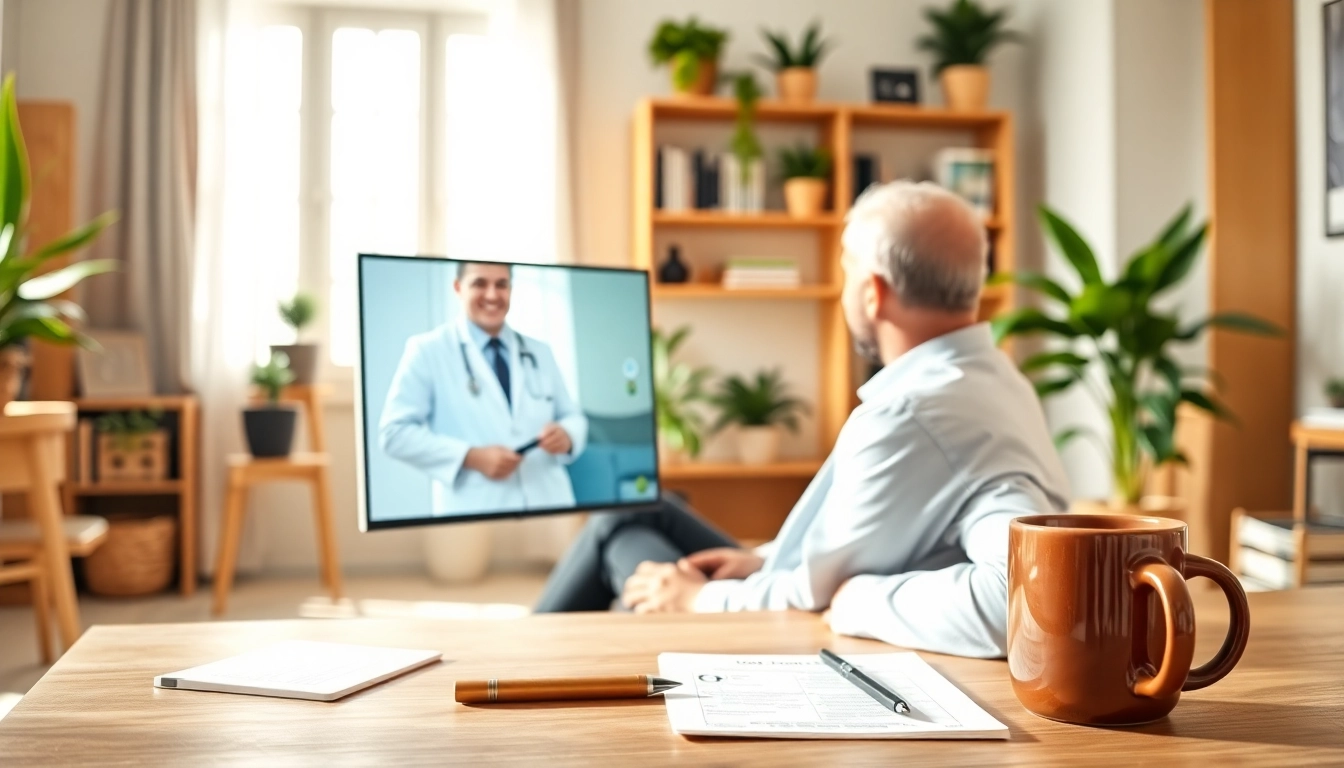 Engage in an online doctor visit pay per visit from your own home, showcasing a comfortable consultation setup.