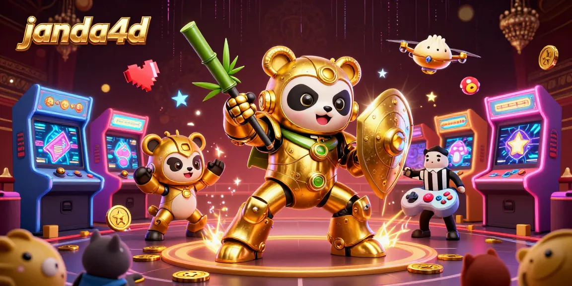 janda4d menghadirkan ilustrasi 3D yang menampilkan panda emas berkostum mech memimpin robot pertempuran dalam arena.