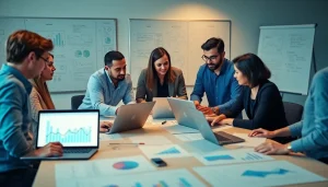 Engage in Competitor Research with a diverse team analyzing data in a modern office.