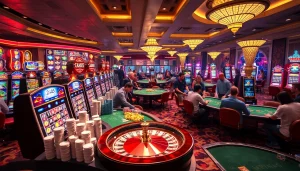Experience the vibrant gambling world of KJC AC 1 with players enjoying casino tables and slot machines.