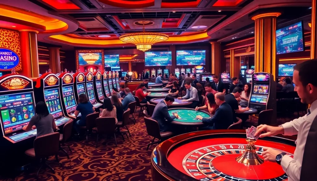 KJC AC 3 showcases an exciting casino environment with players engaged in live gaming activities and vibrant slot machines.