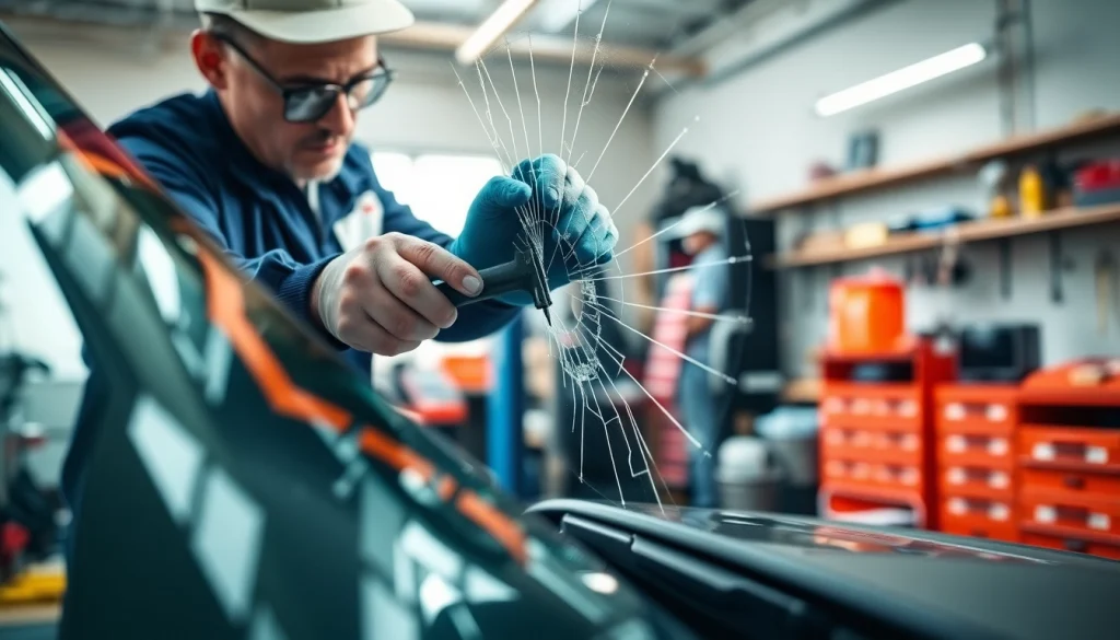 Cracked windshield repair Thornton by a skilled technician in a professional workshop.