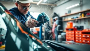 Cracked windshield repair Thornton by a skilled technician in a professional workshop.