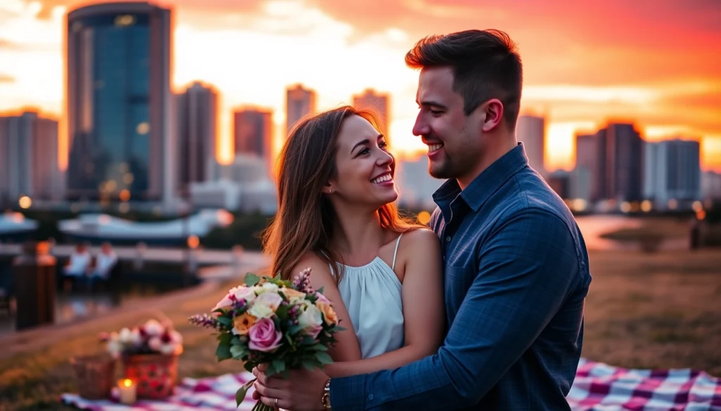 Engagement photos Tampa: A couple enjoying a romantic sunset session with the Tampa skyline in the background.