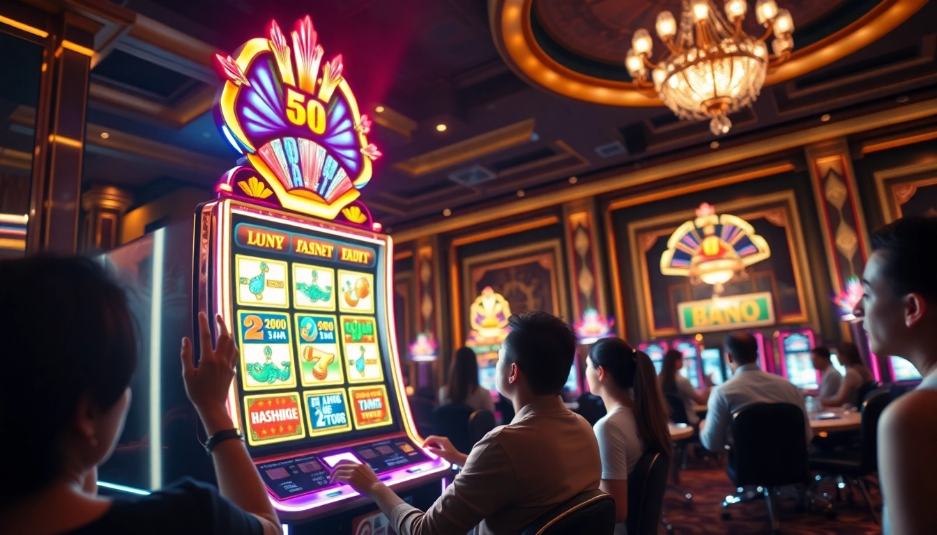 Menampilkan slot gacor yang menarik dengan latar belakang kasino yang semarak dan penuh warna.