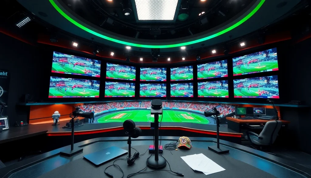 스포츠중계의 전문적인 환경에서 생생한 경기를 보여주는 여러 화면.