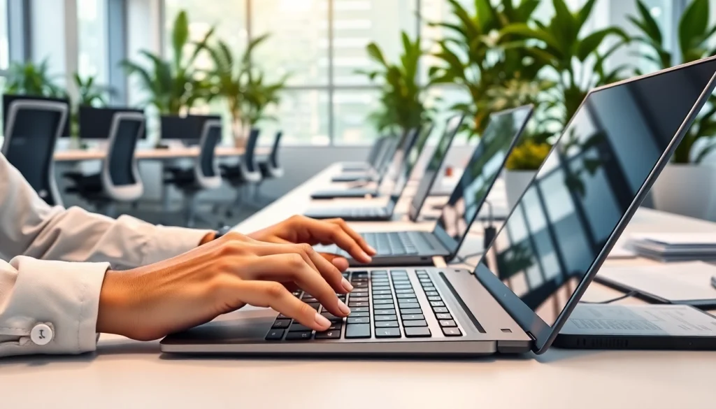 Engaged typists at a vibrant typing center with ergonomic setup showcasing productivity.