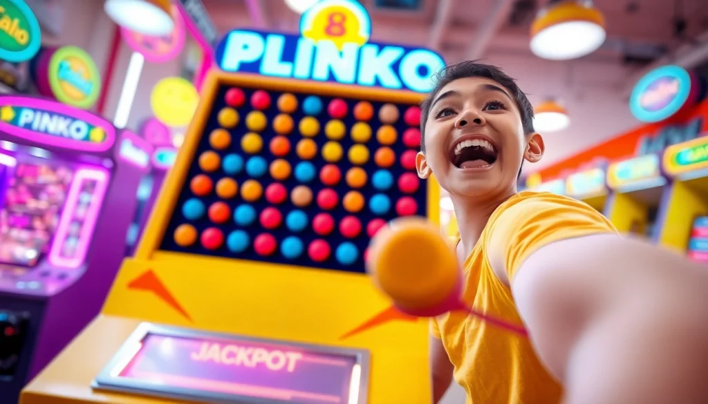 Excited player dropping a token in a vibrant plinko game designed for anticipation.