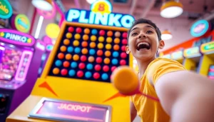 Excited player dropping a token in a vibrant plinko game designed for anticipation.