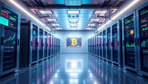 Cloud mining setup with servers displaying cryptocurrency data in a high-tech environment