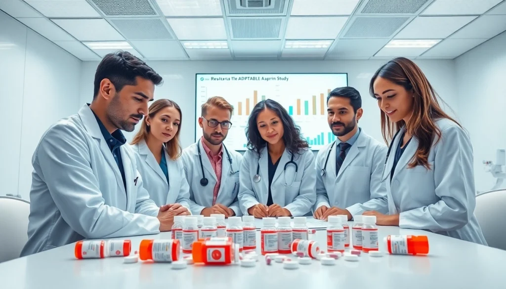 Collaborative healthcare professionals examining research for the ADAPTABLE Aspirin Study.