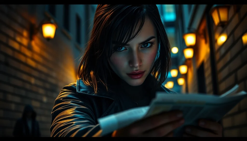 Protagonist in a clean thriller reveals hidden clues in a moody urban alley.