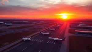Heathrow Airport showcasing an airplane preparing for takeoff in a dramatic sunset backdrop.