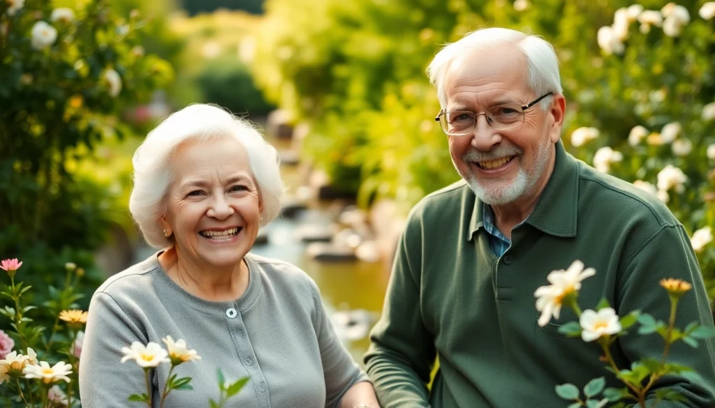 Engaged elderly couple enjoying life at https://frontidas.com in a beautiful garden.