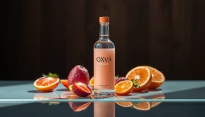 Genießen Sie Oxva Liquid mit frischen Obststücken auf einer eleganten Oberfläche.