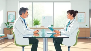 Consultation entre un expert de la santé et un patient sur https://kolivent.com, dans un cadre moderne et accueillant.