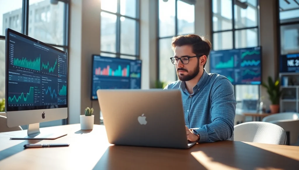 Analyze New88 digital marketing strategies in a sleek and modern workspace with analytics displays.