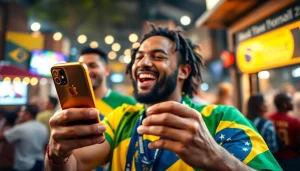 Discover the top features of the best sports betting sites in Brazil with an enthusiastic fan engaging in mobile betting.
