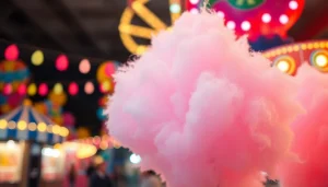 Geniet van de wafel katoen met een kleurrijke, luchtige presentatie op een kermis.