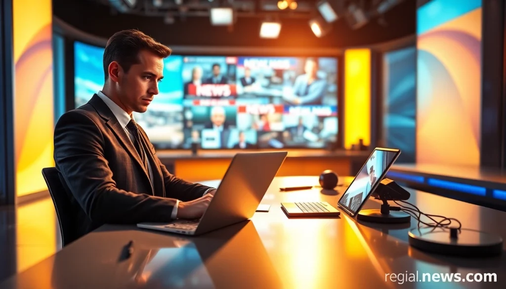 Journalist researching news articles for regionalmedianews.com in a lively newsroom.