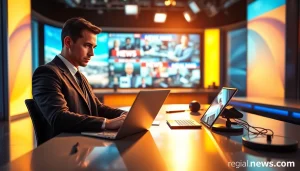 Journalist researching news articles for regionalmedianews.com in a lively newsroom.