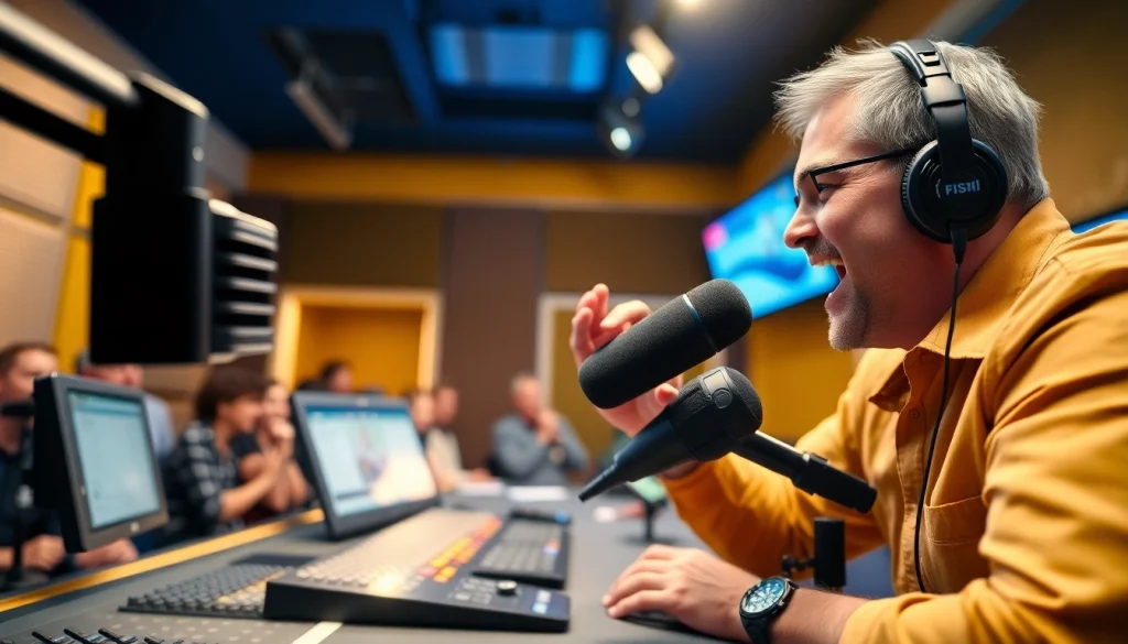 Listen to sports updates and local news at https://www.westcentralsbest.com featuring an engaging announcer in a vibrant radio studio.