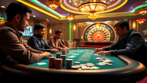 Engaged gamblers strategize at a luxury poker table located at https://1mm888.com/ featuring vibrant chips and cards.