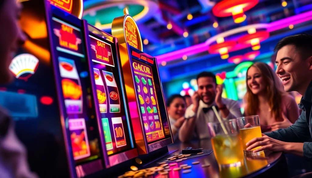 Menampilkan slot gacor dengan pemain merayakan kemenangan dalam suasana kasino yang energik.