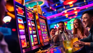 Menampilkan slot gacor dengan pemain merayakan kemenangan dalam suasana kasino yang energik.