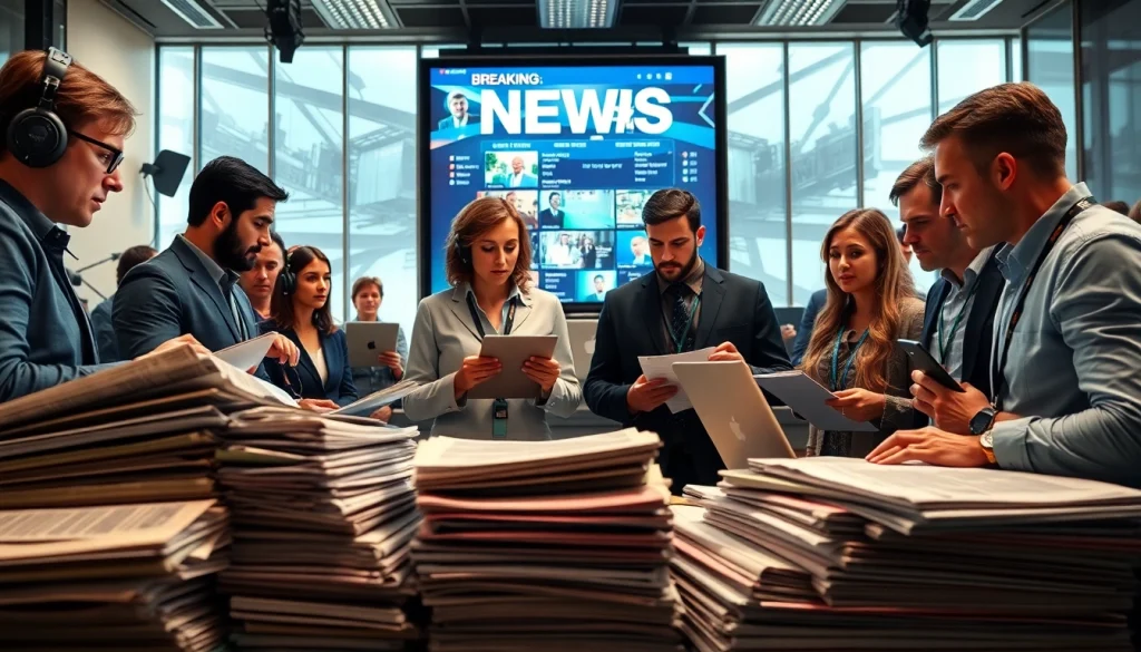 Collaborative newsroom environment of suntimesnews.com journalists working on news articles and reports.