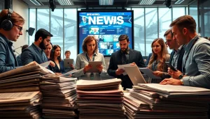 Collaborative newsroom environment of suntimesnews.com journalists working on news articles and reports.