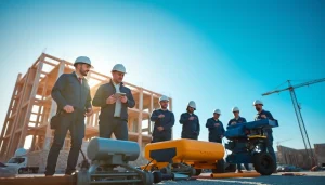 Find trusted building companies near me with skilled workers collaborating on a construction project.