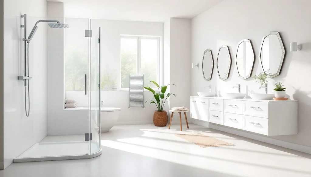 Sonni sanitär Produkte in modernem Badezimmer-Design, einschließlich eleganter Duschen und Heizkörper.