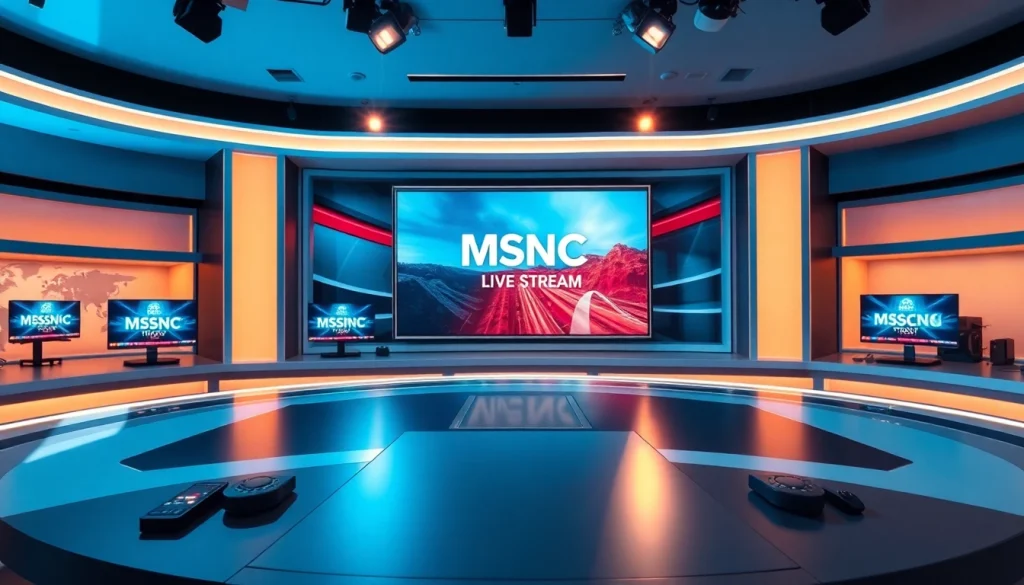 Watch MSNBC Live Stream in a vibrant news studio with modern technology and engaging atmosphere.