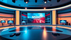 Watch MSNBC Live Stream in a vibrant news studio with modern technology and engaging atmosphere.