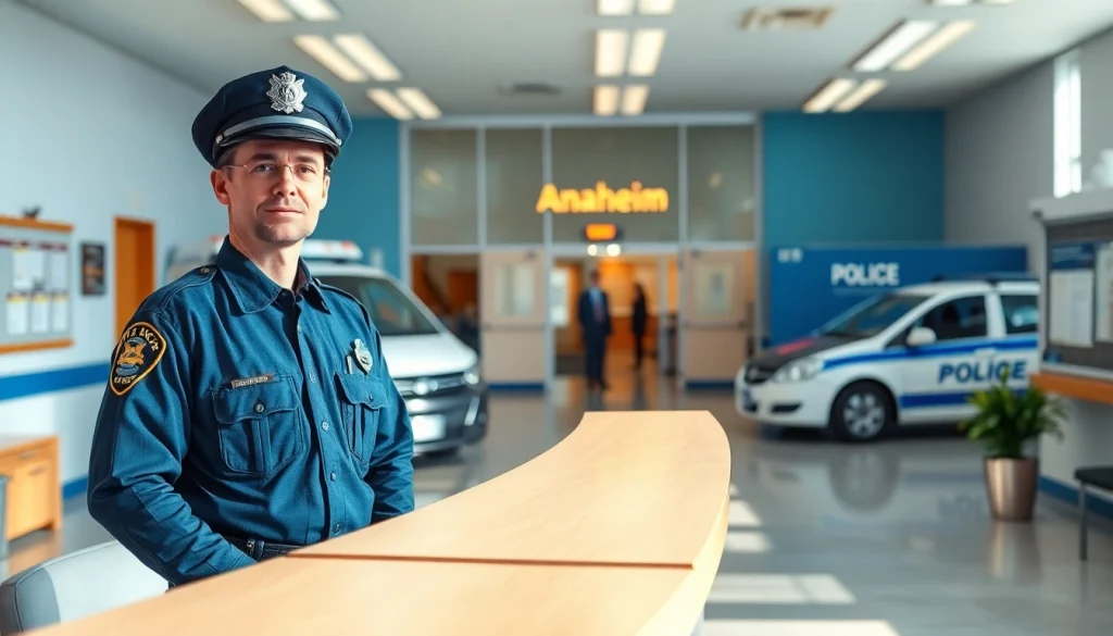 Engaging scene highlighting Anaheim inmate search assistance at a police station.
