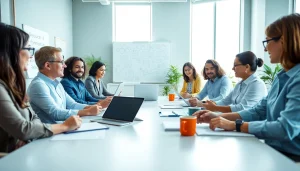 Engaged professionals collaborating at https://valuesfirst.com in a bright, modern office space.