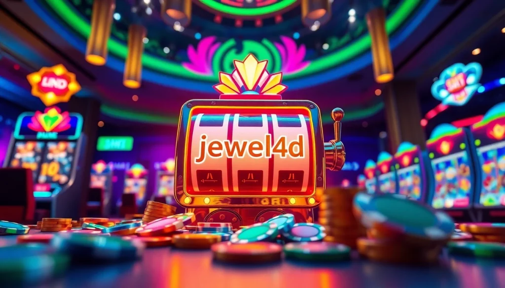 Menghadirkan pengalaman judi online jewel4d dengan mesin slot berkilau dan elemen token warna-warni.
